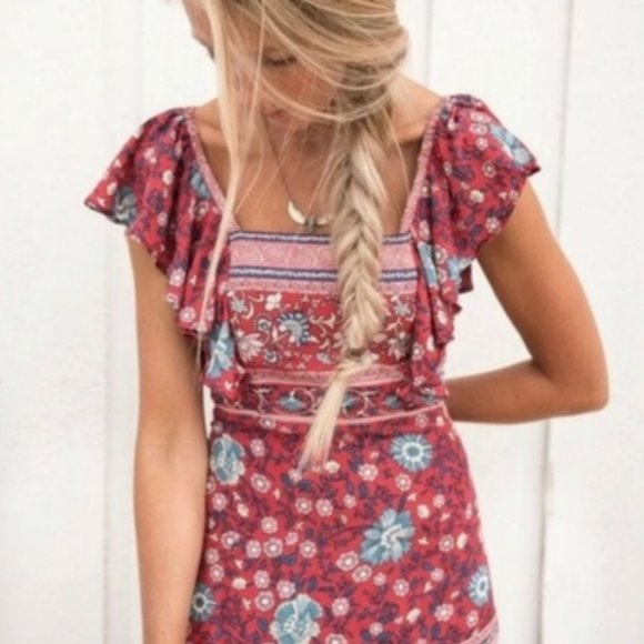 SPELL | Folk Town Frill Maxi Dress in Wine - Picture 2 of 11